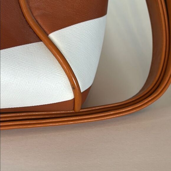 Brown and White Striped Tote with Faux Leather Trim 15” x 7” x 9” - Picture 8 of 9